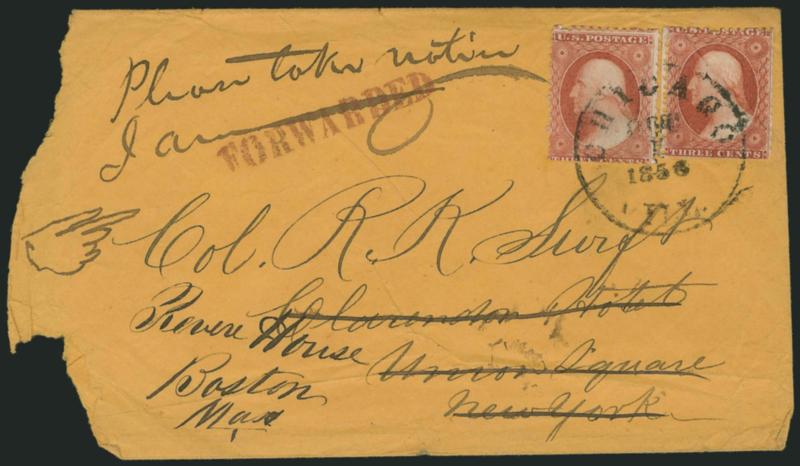 3c Dull Red, Ty. II, Chicago Perf 12-12 (11A var).> Two singles, plated by Richard Celler as Positions 64L5L and 9L5L, tied by neat strike of Chicago Ill. Oct. 8, 1856 circular datestamp on orange cover
<addressed to R. K. Swift> at the Clarendon