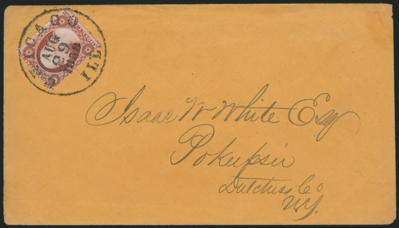 3c Brownish Carmine, Ty. II, Chicago Perf 12-12 (11A var).> Position 11L2L, deep rich color, perfs intact all around, tied by remarkably bold full strike of Chicago Ill. Aug. 29, 1856 circular datestamp on buff
cover to Poughkeepsie N.Y.<><>^EXT