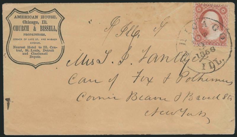 3c Dull Red, Ty. II, Chicago Perf 12-12 (11A var).> Position 61L2L, perfs intact all around, tied by Chicago Ill. Oct. 9, 1856 circular datestamp on <American House hotel corner card> cover to New York City,
slight creasing and small tear at top o