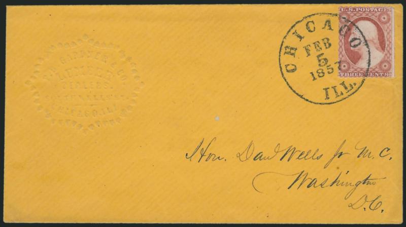 3c Dull Red, Ty. II Chicago Perf 12-12 (11A var).> Position 21L3, scissors-trimmed with mostly intact perfs on three sides, traces at right, tied by perfect bold Chicago Ill. Feb. 5, 1857 circular datestamp on
buff cover with <lumber dealers embo