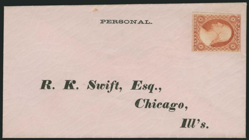 3c Dull Red (11).> Large margins to clear incl. part of adjoining stamp at bottom, brilliant color, uncancelled, affixed to pink cover with <pre-printed address to R. K. Swift, Esq., Chicago, Ills.,> immaculate
condition, fresh and Very Fine, an ex