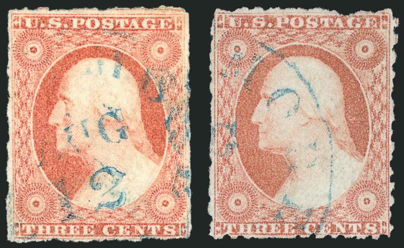3c Dull Red, Ty. II, Baltimore Unofficial Roulettes (11A).> Two, one is 1L1L, each with easily discernible roulettes, bright color, blue Baltimore circular datestamps with both showing August dates, one with
corner crease at top right, Very Fine appe