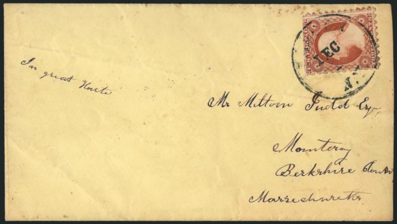 3c Brownish Carmine, Ty. I, Bergen N.Y. Sawtooth Perforations (11 var).> Position 45R6, sawtooth perforations on three sides, s.e. at top, tied by Bergen N.Y. Dec. 1 circular datestamp on yellow cover to
Monteray Mass., barely reduced at right, som