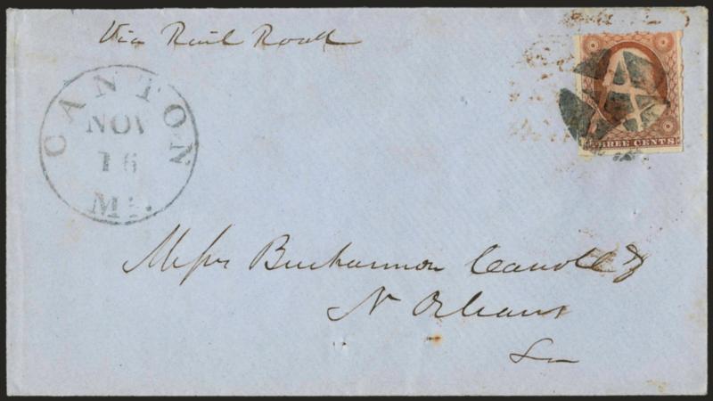 3c Dull Red, Ty. I, Canton Mi. Unofficial Roulette (11 var).> Two covers, each with single tied by negative star, Canton Mi. circular datestamps (Oct. 21 and Nov. 16), to Buchannon, Carroll & Co. in New Orleans,
each stamp shows rouletting on two s