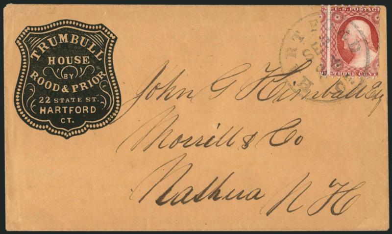 3c Dull Red, Ty. II, Hartford Conn. Sawtooth Perforation (11A var).> Showing perforations on all four sides, centered to left, tied by neat Hartford Ct. Sep. 24 circular datestamp on buff cover with <Trumble
House corner card> to Nashua N.H.<><>^