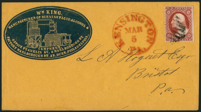 3c Brownish Carmine, Ty. I, Kensington Pa. Sawtooth Perforations (11 var).> Position 23L6, showing clear perforations at left and bottom, gauges approximately 10-12, s.e. at right and top, tied by grid, red
Kensington Pa. Mar. 5 circular datestamp