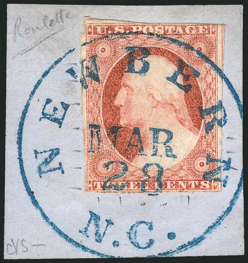 3c Orange Red, Ty. II, Newbern N.C. Unofficial Roulette (11A var).> Position 88R3, showing horizontal and vertical roulettes, tied by perfect strike of <blue> Newbern N.C. Mar. 28 circular datestamp on small
piece, Very Fine, only three reconstruct