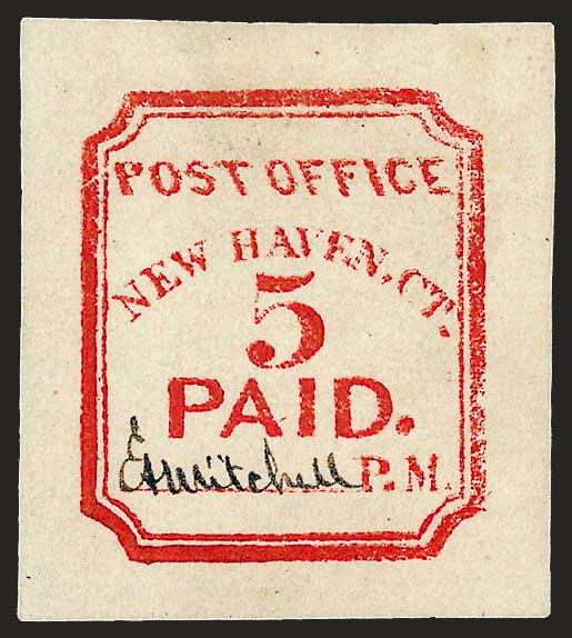 New Haven Conn., 5c Vermilion, Reprint (8XU1R).> Dark Blue signature, Very Fine, with 2000 P.F. certificate as 1874 Peets reprint