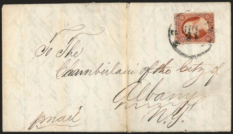 3c Dull Red, Ty. I, New York Unofficial Roulette (11 var).> Position 76L4, clear roulettes on all sides, rouletted approximately 17, tied by New York Jul. 21 circular datestamp on 1857 folded letter to Albany
N.Y., some splitting along vertical fil