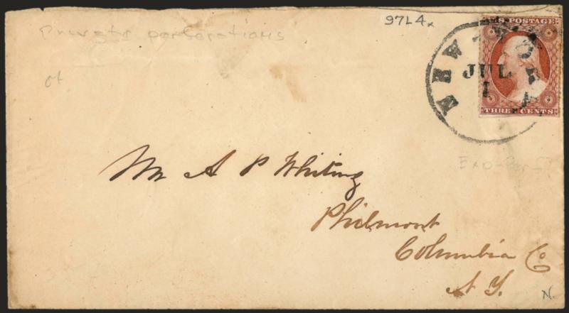 3c Dull Red, Ty. I, New York Unofficial Roulette (11 var).> Position 97L4, clear roulettes on three sides, rouletted approximately 17, s.e. at bottom, tied by New-York Jul. 1 circular datestamp on cover to
Philmont N.Y., some minor toning from gum