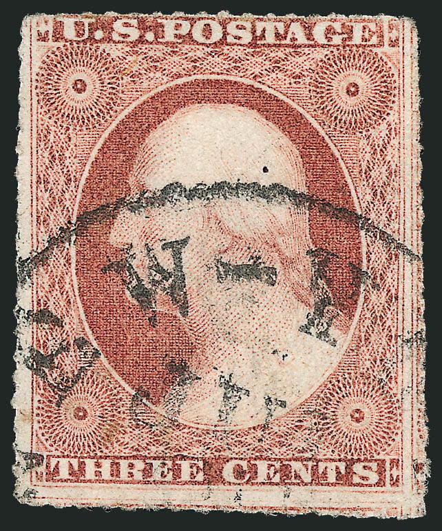 3c Dull Red, Ty. II, New York Unofficial Roulette (11A).> Position 76R2L, showing roulettes on all four sides, rouletted approximately 17, neat strike of New-York Jul. 2? circular datestamp, bright
color<><>^VERY FINE. ONLY FOUR EXAMPLES OF THE R