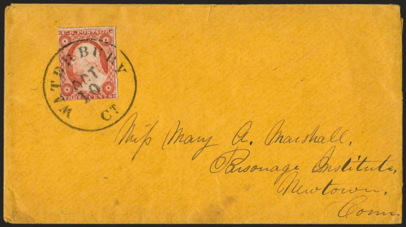 3c Dull Red, Ty. II, Waterbury Conn. Unofficial Roulettes (11A var).> The definitive collection of this issue, consisting of one off-cover and three on-cover examples, covers incl. Position 18L1L, large margins
to in and showing the roulettes on all