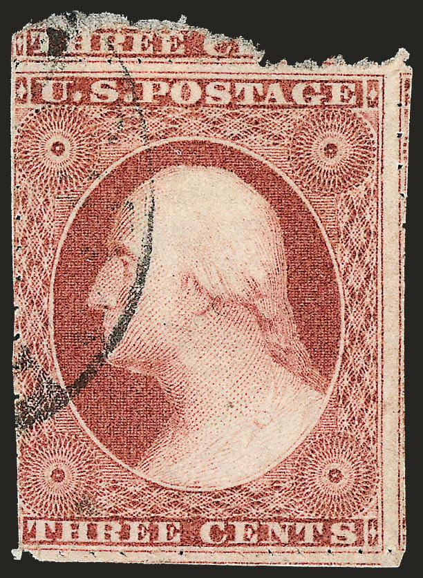 3c Dull Red, Ty. I, Unofficial Sewing Machine Perforations (11 var).> Position 38R3 with full sewing machine perfs on three sides and also most at right, part of adjoining stamp at top still attached, brilliant
color (almost Claret shade), neat strik