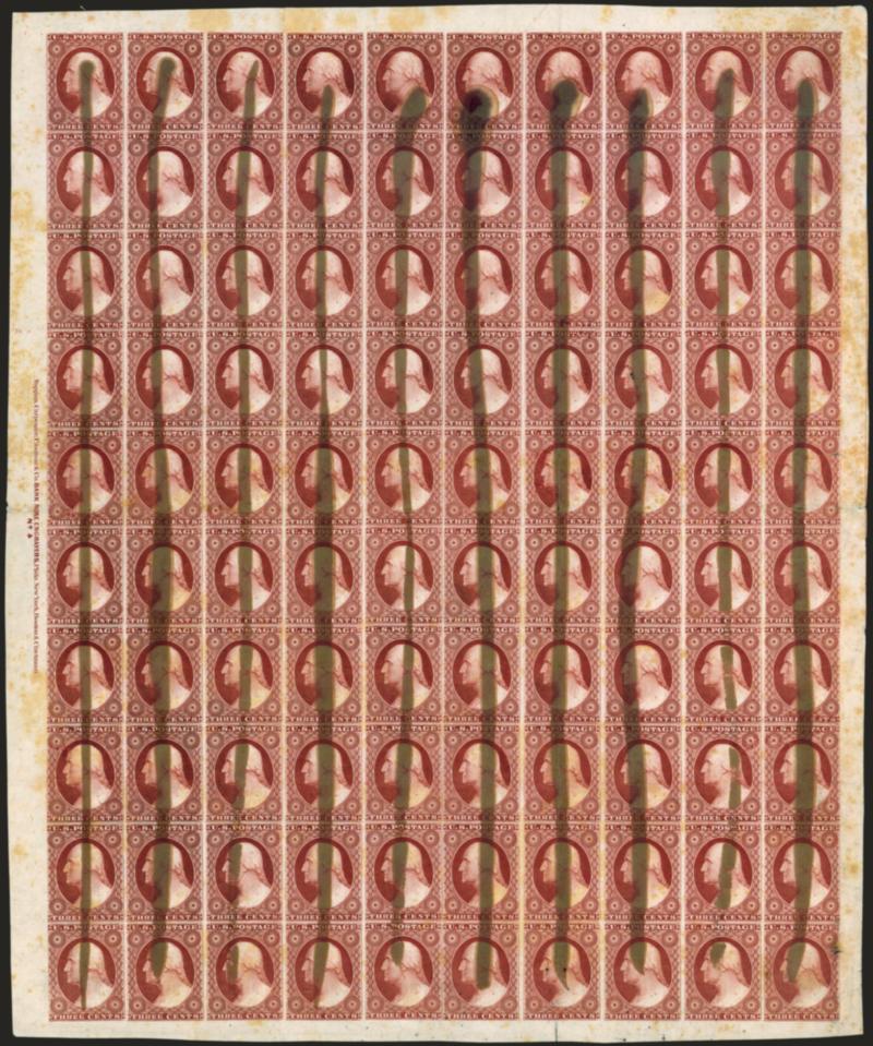 3c Red, Ty. I, Plate Proof on India, Brush Stroke Obliteration (11P3).> Complete left pane of 100 with full imprint and plate no. 4 (reversed numeral) in left sheet margin, large sheet margins all around, bold
vertical brush strokes, creases as in al