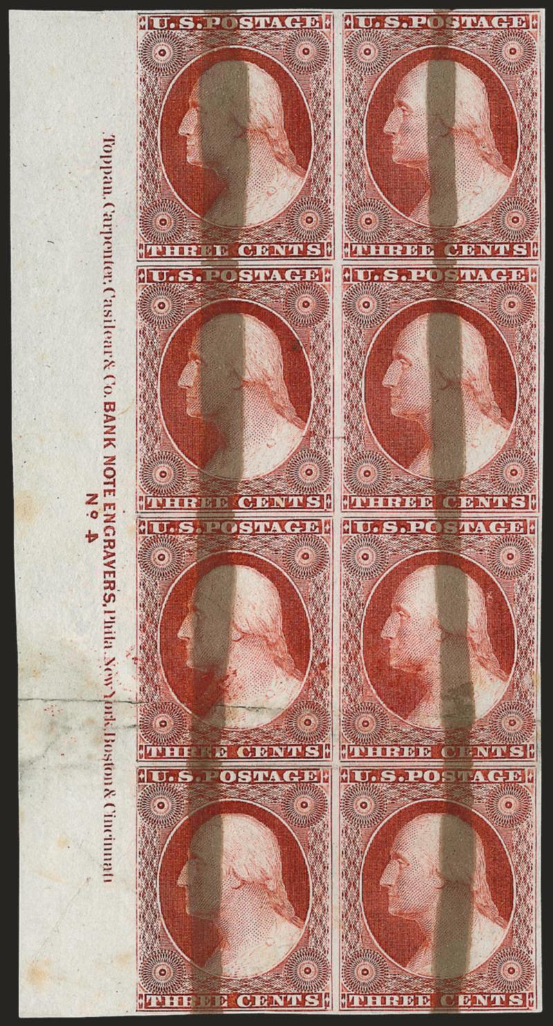 3c Red, Ty. I, Plate Proof on India, Brush Stroke Obliteration (11P3).> Wilson Hulmes partly-completed effort to reconstruct the two Plate 4 sheets of 200 sent to Bemrose and Perkins Bacon in 1854, comprising 74
of the 400 positions (the left pane o
