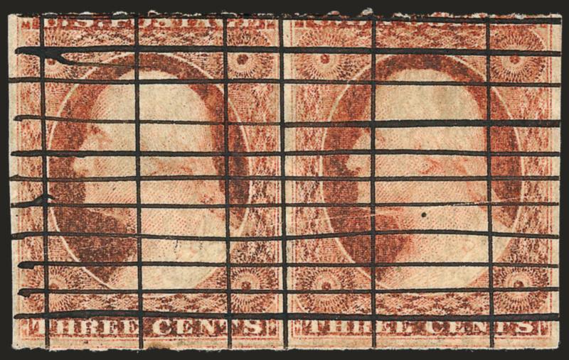 3c Orange Red, Horizontal Roulette (11A var).> Two horizontal pairs originally forming a block of four, Positions 31-32, 41-42R2L, original gum, h.r., cancelled by intersecting ruled lines, roulettes at top and
bottom of each, Fine and very rare, d