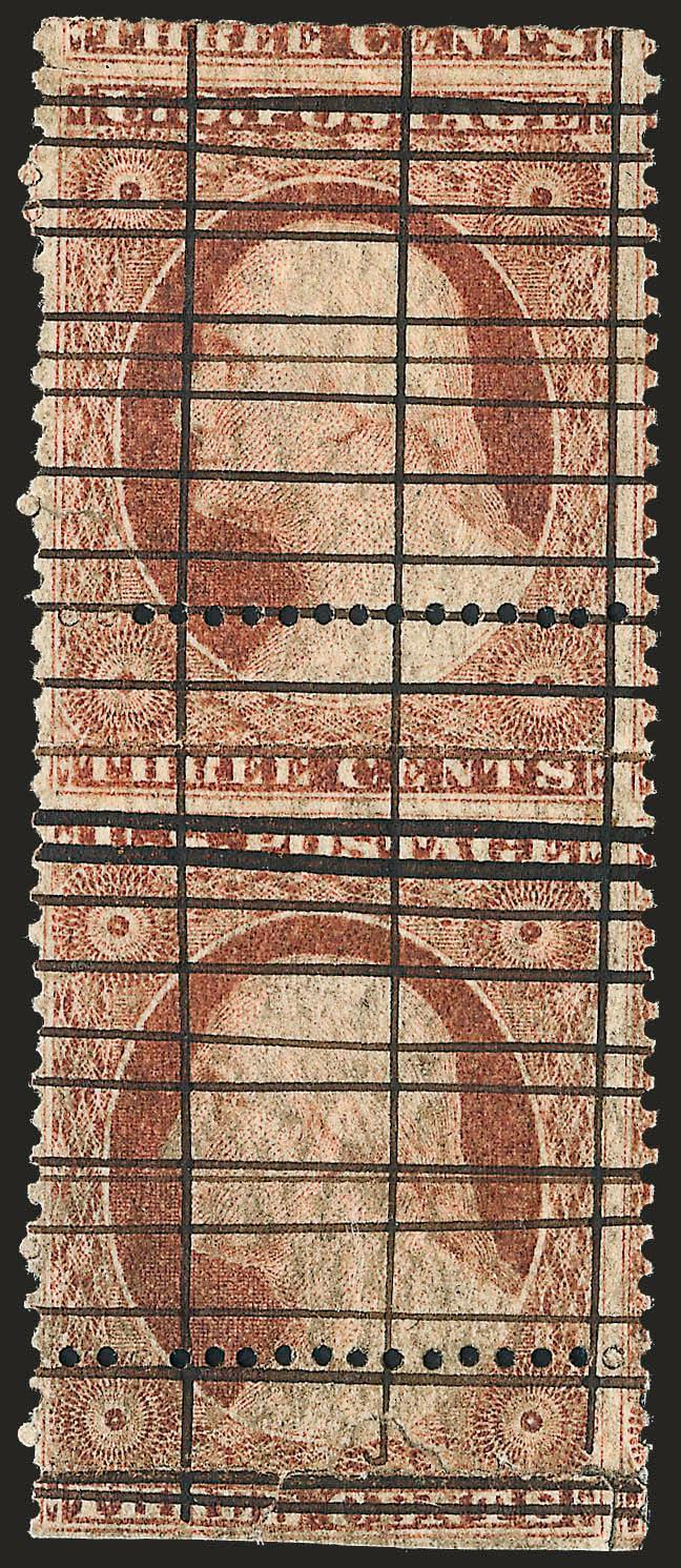 3c Orange Red, Horizontal Roulette and Perf 15-12 x 16 (11 var).> Vertical pair, Positions 8595L2L, part original gum, cancelled by intersecting ruled lines, separate roulettes and perforations horizontally and
perforations at left, Fine and very
