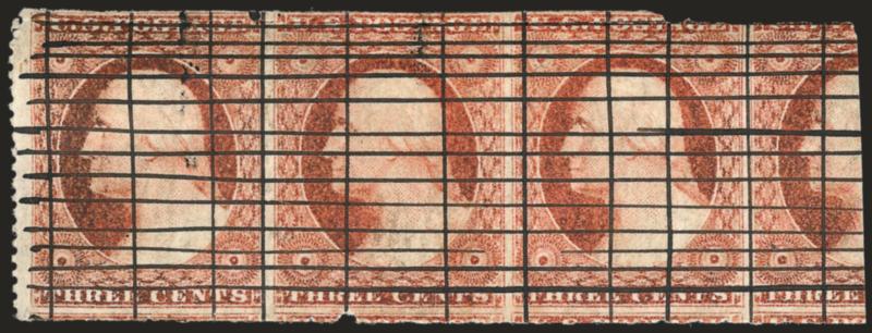 3c Orange Red, Horizontal Roulette and Perf 15-12 x 16 (11A var).> Positions 21-24R2L, horizontal strip of three with most of fourth stamp, original gum, h.r., cancelled by intersecting ruled lines, separate
roulette at top and and perforations at