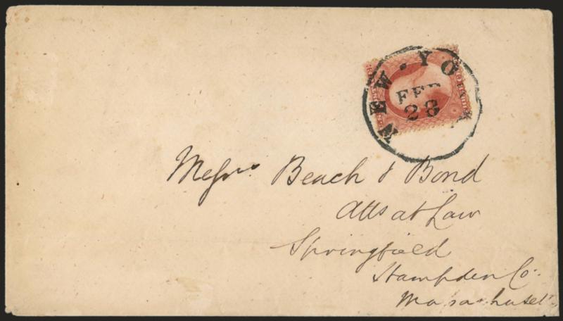 3c Pale Claret, Ty. I (25).> Position 73R7 plating note on back, almost perfectly centered, small margin nick at bottom from separation, tied by clearly-dated strike of <New-York Feb. 28 (1857)> circular
datestamp on cover to Springfield Mass., bac
