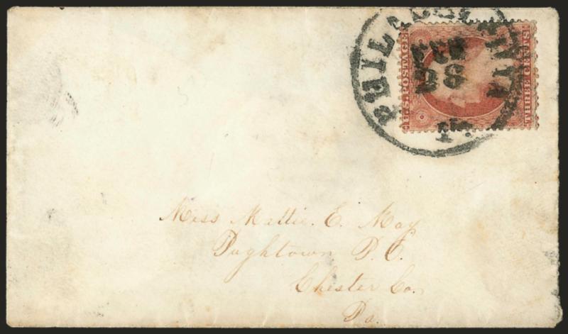 3c Pale Claret, Ty. I (25).> Position 35R7 plating note on back, tied by bold <Philadelphia Pa. Feb. 28 (1857)> circular datestamp on small cover to Pughtown Pa.<><>^VERY FINE. THIS IS THE EARLIEST DOCUMENTED
USE OF A PERFORATED STAMP IN THE UNIT