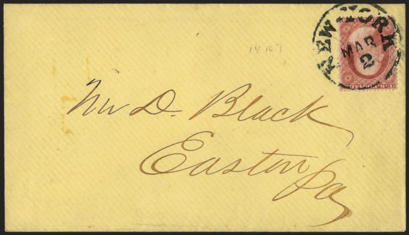 3c Pale Claret, Ty. I (25).> Position 14R7 plating note, choice centering and bright shade, tied by bold <New-York Mar. 2 (1857)> circular datestamp on yellow cover to Easton Pa., original enclosure dated Feb.
28, 1857, Extremely Fine, very early u