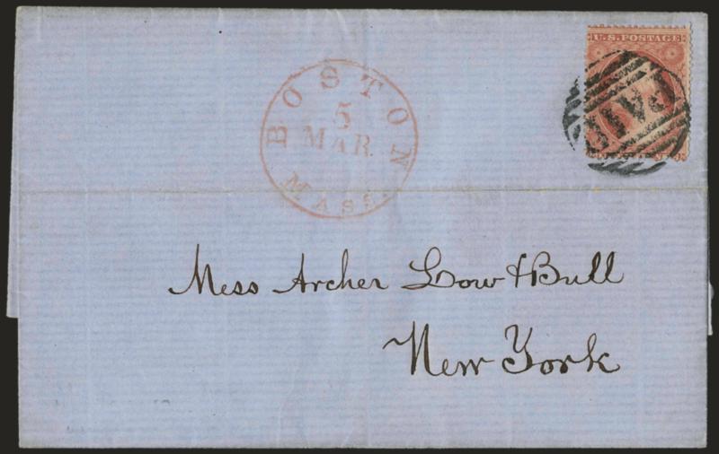 3c Pale Claret, Ty. I (25).> Plate 7, tied by large Paid grid, red oston Mass. 5 Mar. (1857)> circular datestamp on blue 1857 folded letter to New York, file fold, Very Fine, extremely early use during
experimental perforation period (February-