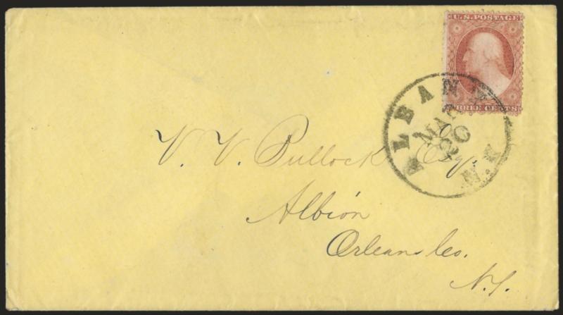 3c Claret, Ty. I (25).> Plating note Probably 74L7 Overwiped impression A relief, pulled perf at bottom, tied by <Albany N.Y. Mar. 20 (1857)> circular datestamp on yellow cover to Albion N.Y., with original
enclosure dated 1857, Very Fine, earl