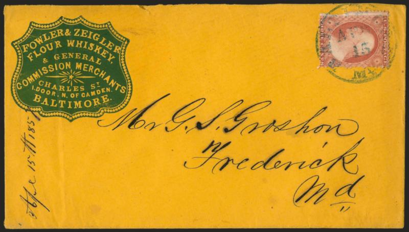3c Pale Claret, Ty. II (25A).> Position 44R5L plating note, some perfs and bit of margin torn away at lower left during separation, tied by blue altimore Md. Apr. 15 (1857)> circular datestamp on buff cover to
Frederick Md. with commission mercha