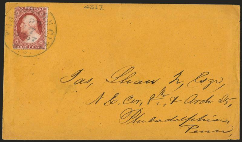 3c Claret, Ty. I (25).> Position 42L7 plating note, tied by <Washington City D.C. Apr. 17, 1857> circular datestamp on buff cover to Philadelphia, with original enclosure, stamp has tiny corner crease at top
left, otherwise Very Fine, scarce use of