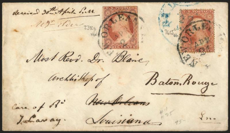 3c Pale Claret, Ty. II (25A).> Position 76L5L plating note, tied by blue altimore Md. Apr. 22, 1857> circular datestamp on cover to the Archbishop of New Orleans, <forwarded with 3c Claret, Ty. II (11A),>
Position 23R3 plating note, large margins