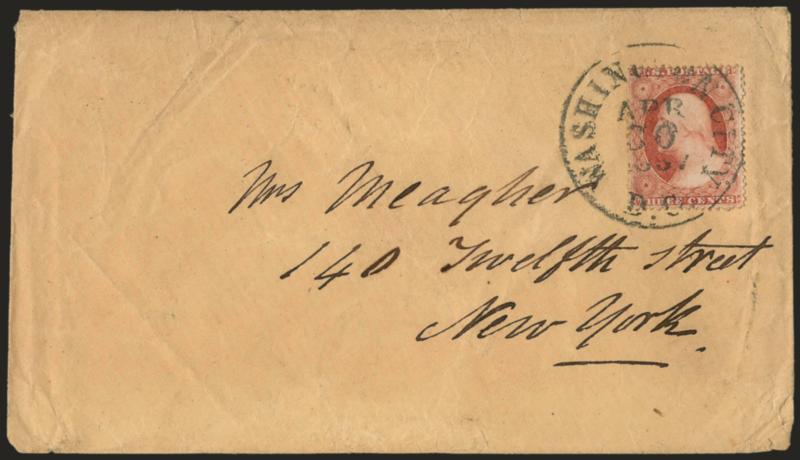 3c Claret, Ty. I (25).> Position 13R6 plating note, tied by <Washington City D.C. Apr. 30, 1857> circular datestamp on cover to New York, Browns Marble Hotel illustrated advertising on back, light creases not
affecting stamp, Very Fine, this is <th