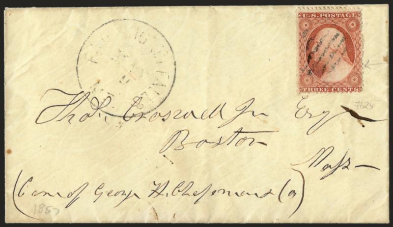 3c Claret, Ty. I (25).> Position 8R4 plating note, scissors separated with perfs mostly intact, grid cancel, lightly struck <Farmington Falls Me. May 9 (1857)> circular datestamp on small cover to Boston,
original enclosure dated 1857, Very Fine, t