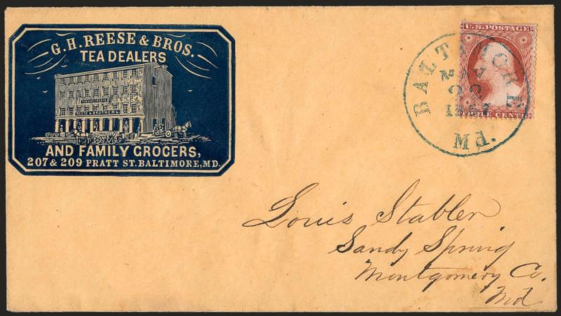 3c Claret, Ty. I (25).> Position 25L7 plating note, scissors separated with some trimmed perfs at top, tied by perfectly clear strike of blue altimore Md. May 22, 1857> circular datestamp on <grocers blue
illustrated cameo corner card> cover to