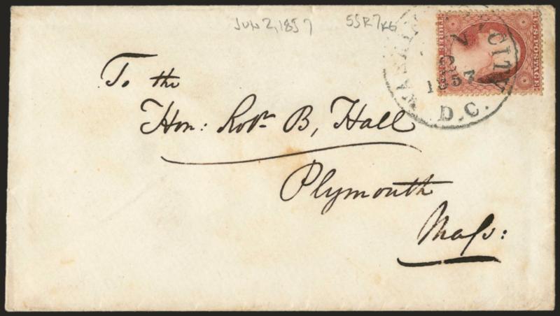 3c Claret, Ty. I (25).> Position 55R7 plating note, exceptionally choice centering, tied by <Washington City D.C. Jun. 2, 1857> circular datestamp on cover to Plymouth Mass., slight toning, Very Fine, scarce use
of 3c perforated stamp from Washingt