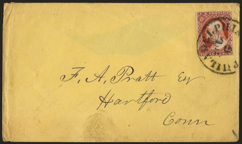 3c Brownish Carmine, Ty. I (25).> Position 12L8 plating note, pencil cancel, tied by <Philadelphia Pa. Jul. 6 (1857)> circular datestamp on yellow cover to Hartford Conn., fingerprint at bottom, Very Fine, this
is identified by Mr. Hulme as the ear