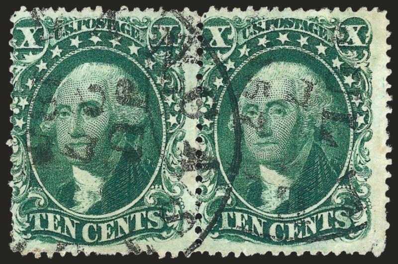10c Green, Ty. II (32).> Horizontal pair, dark shade, cancelled by <Lancaster Pa. Jul. 27, 1857> circular datestamp, <the earliest documented use of a 10c perforated stamp,> corner crease and small perf flaws,
otherwise Fine, although all four type
