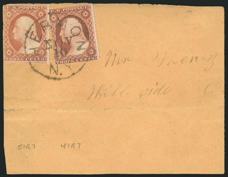 3c Rose, Ty. I, Imperforate Horizontally (25b var).> Positions 41R7 and 51R7, formerly a vertical pair, separated into two singles and tied by Hermon N.Y. Nov. 10 circular datestamp on large piece<><>^VERY FINE
AND EXCEEDINGLY RARE EXAMPLE OF THI