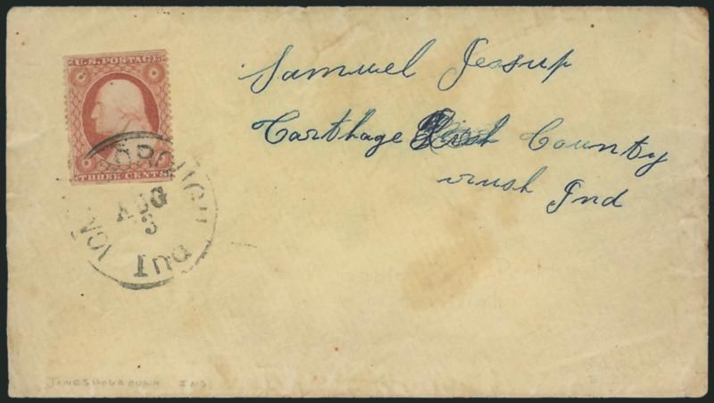 3c Rose, Ty. I, Imperforate Horizontally (25b).> Position 59L7, wide margins at top and bottom, tied by Jonesborough Ind. Aug. 3 circular datestamp on yellow cover to Carthage Ind., pulled perf at lower left,
some overall wear, otherwise Fine, exce