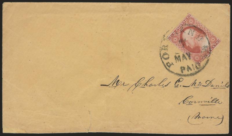 3c Rose, Ty. II, Imperforate Horizontally (25Ab).> Showing clear recut inner lines, tied by Portland Me. Paid May 7 circular datestamp on cover to Cornville Me., cover edge tears incl. small repair at bottom
left, Very Fine, extremely scarce, with