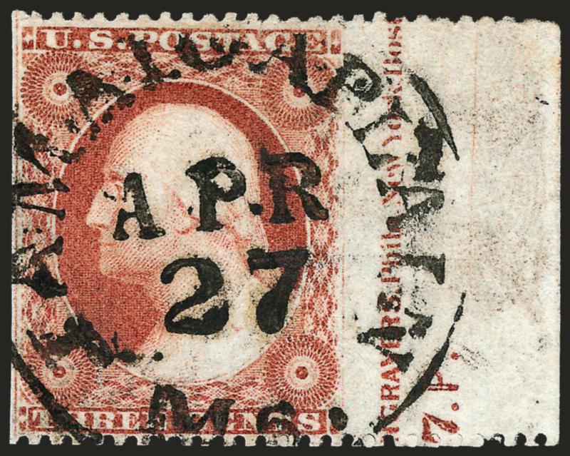 3c Dull Red, Ty. III, Imperforate Vertically (26b).> Position 50R27 with <part imprint and plate no. (2)7.P,> imperforate at left and between stamp and selvage, bold strike of circular datestamp, rich color,
small tear at top, Very Fine appearance,