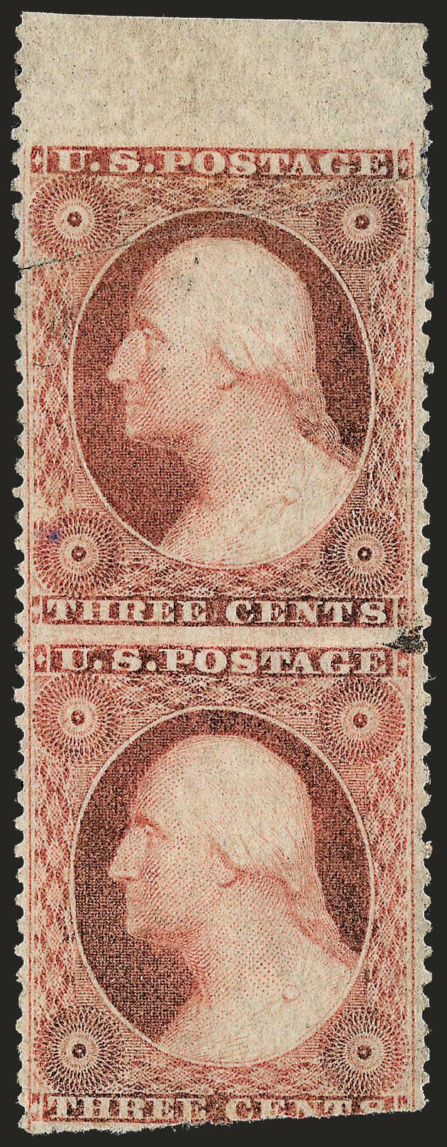 3c Dull Red, Ty. II, Vertical Pair, Imperforate Horizontally (26c).> Vertical pair with <sheet margin at top,> faintly cancelled (almost appears unused), light horizontal crease ending in small tear between
stamps, top part of top stamp rejoined<><