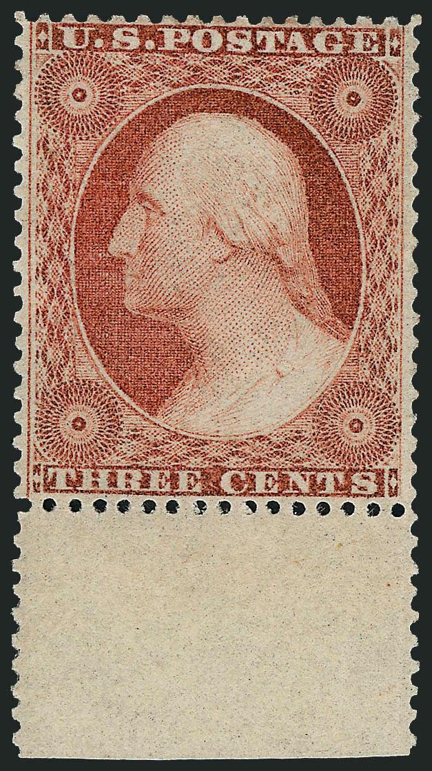 3c Dull Red, Ty. III (26). Mint N.H.,> with bottom sheet selvage, perfectly centered, bright shade, Extremely Fine Gem, with 1991 P.F. certificate, Scott Retail as hinged