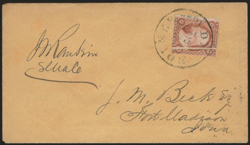 3c Dull Red, Ty. III (26).> Clear <pre-printing paperfold,> tied by light strike of Des Moines Ioa. ? 24 circular datestamp on cover to Fort Madison Iowa, Very Fine