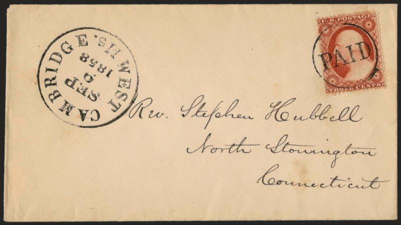3c Brownish Carmine, Ty. I, III (25, 26).> Two covers: first bears No. 25 tied by Paid in circle and matching West Cambridge Ms. Sep. 9, 1858 on cover to North Stonington Conn., second with two singles of No. 26
tied by red Ottawa Ill. Sep. 11