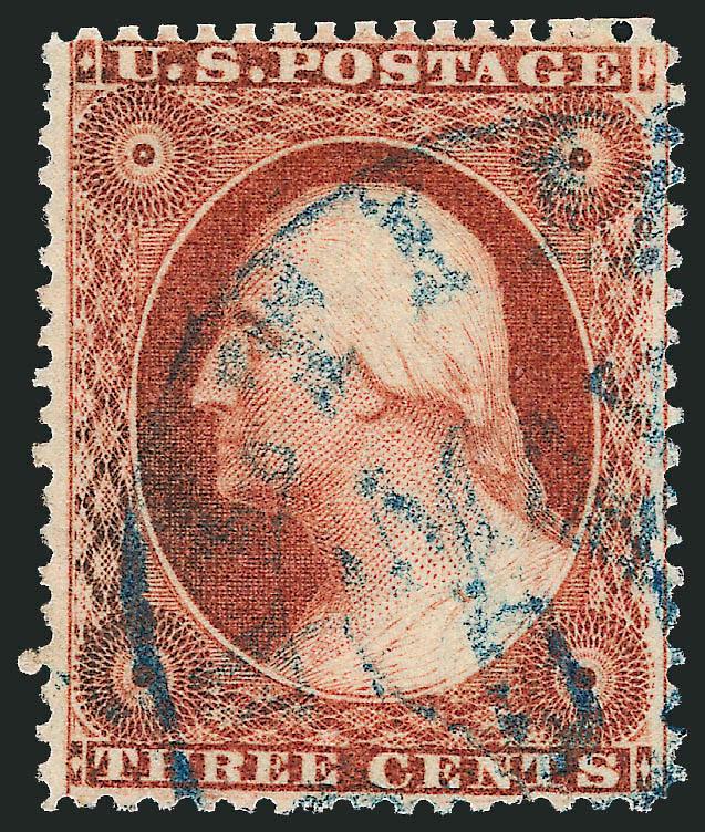 3c Orange Brown, Ty. III (26 var).> Choice centering for this difficult issue, rich color nicely complemented by <blue> Baltimore circular datestamp, tear at bottom, otherwise Very Fine example of this rare
shade, signed and identified by Dr. Amonett