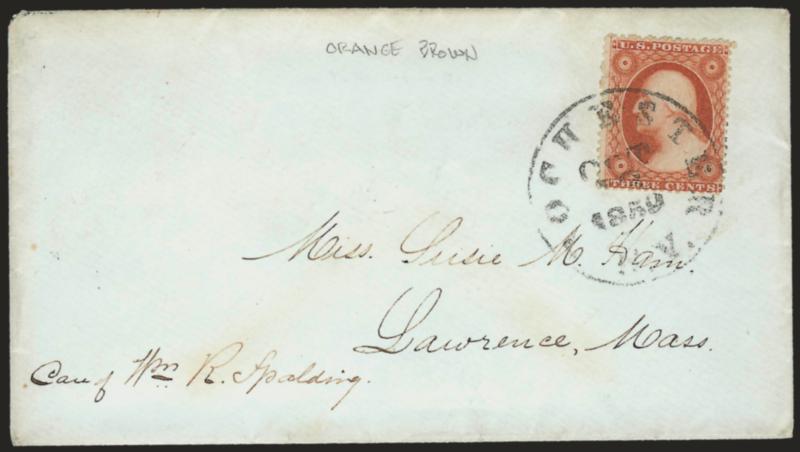 3c Orange Brown, Ty. III (26 var).> Radiant color, tied by Rochester N.Y. Oct. 16, 1859 circular datestamp on cover to Lawrence Mass., fresh and Very Fine example of this scarce shade, signed Dr. Amonette,
listed but unpriced in Scott
