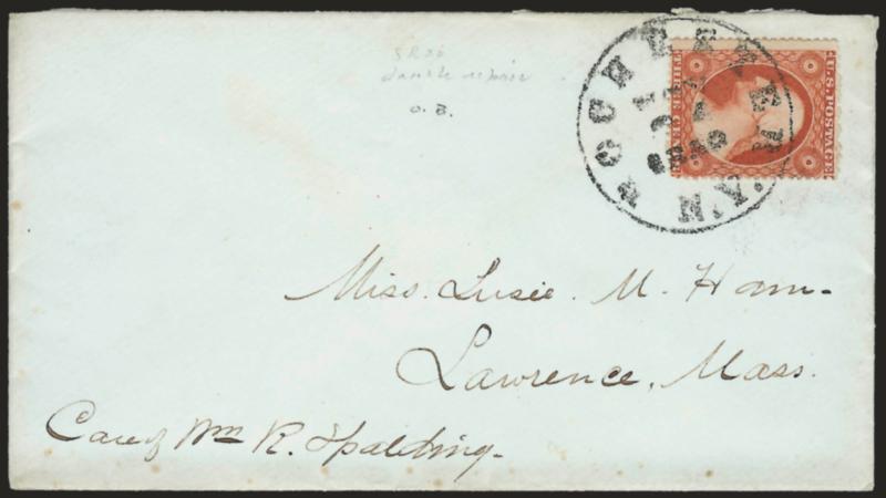 3c Orange Brown, Ty. III (26 var).> Position 8R20, intense shade and impression, tied by Rochester N.Y. May 24, 1858 circular datestamp on cover to Lawrence Mass., Very Fine example of this scarce shade, signed
Dr. Amonette, listed but unpriced in