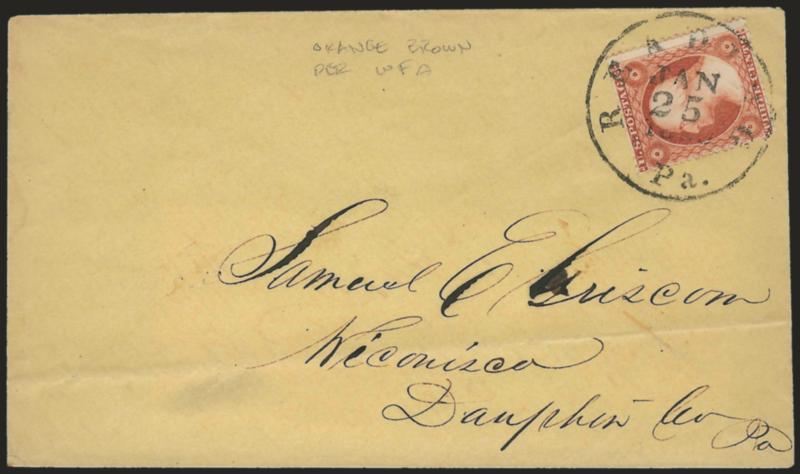 3c Orange Brown, Ty. III (26).> Seven covers, several plated and ranging from the light to the dark end of the Orange Brown spectrum, town usages incl. Mass., Ohio, Penn., N.Y. and Ill., each signed by Dr.
Amonette, few small flaws, Fine-Very Fine, a