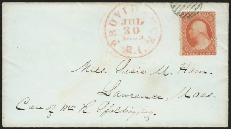 3c Yellowish Orange Red, Ty. III (26 var).> Position 47L15, unusually bright color, tied by face-free grid, red Providence R.I. Jul. 30, 1859 circular datestamp on cover to Lawrence Mass., with original
contents, trivial toned speck, Very Fine, unu