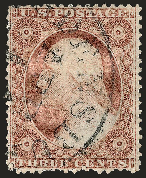 3c Plum, Ty. III (26 var).> Deep rich color in the unmistakable Plum shade, neat strike of Ogdensburg Apr. 1? circular datestamp, few short perfs at bottom, otherwise Very Fine, extremely rare, in all of our
specialized and general sales of the 3c
